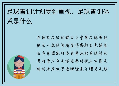 足球青训计划受到重视，足球青训体系是什么